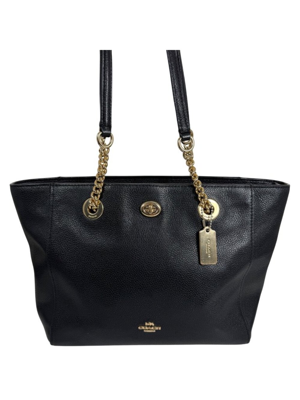 COACH Turn-Lock Chain Tote 27 Polished Black Pebble Leather Gold Hardware EUC